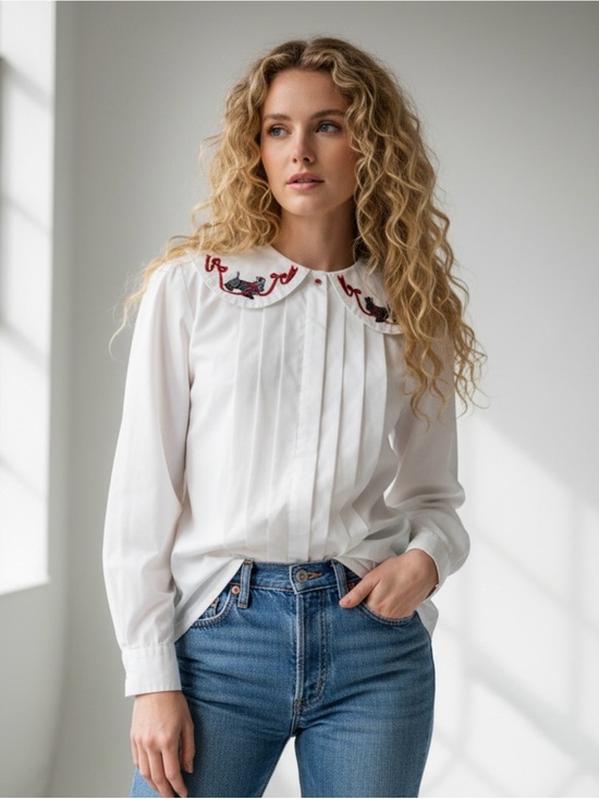 Tops - VINTAGE 1980s White Cotton Button-Down Blouse with Embroidered Peter Pan Collar